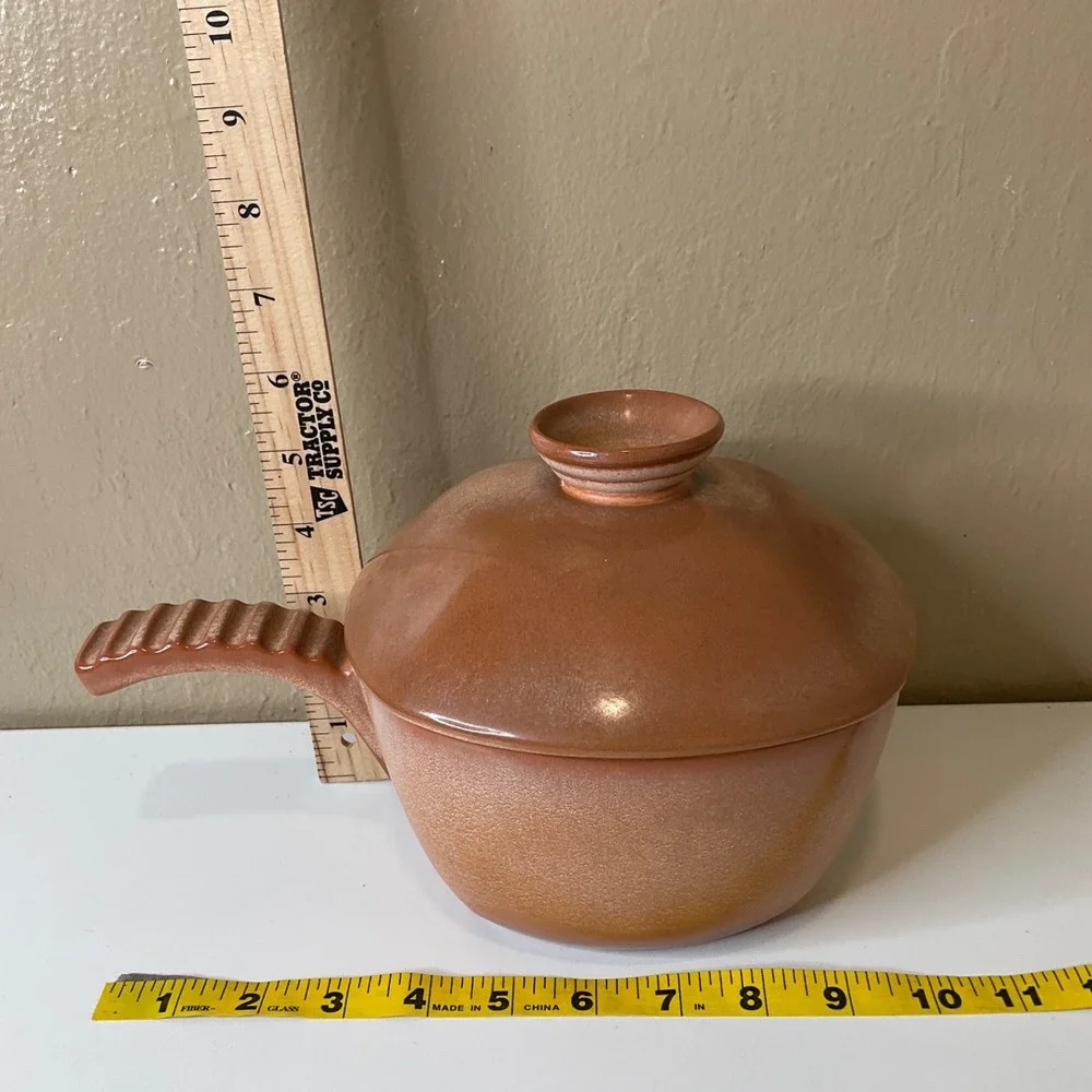 Vintage Frankoma 5FD Pottery Plainsman Gold Handled Covered Fondue Pot & Lid MCM